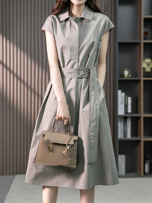 Momentlover Solid Color Bandage Short Sleeves Plus Size Lapel Midi Dresses