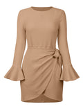 Momentlover Simple Long Sleeves Skinny Tied Falbala Solid Color Round-Neck Mini Dresses