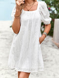 Momentlover Solid Color Jacquard Puff Sleeves Loose Square-neck Mini Dresses