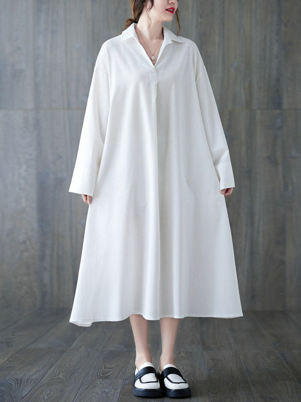 Momentlover Solid Color Buttoned Loose Long Sleeves V-Neck Shirt Dress Midi Dresses