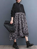 Momentlover Zipper Split-Joint Printed Drawstring Loose Long Sleeves Midi Dresses