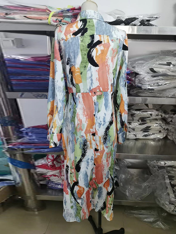 Momentlover Split-Joint Printed Pleated Asymmetric Long Sleeves High Waisted Lapel Midi Dresses