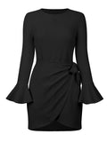 Momentlover Simple Long Sleeves Skinny Tied Falbala Solid Color Round-Neck Mini Dresses