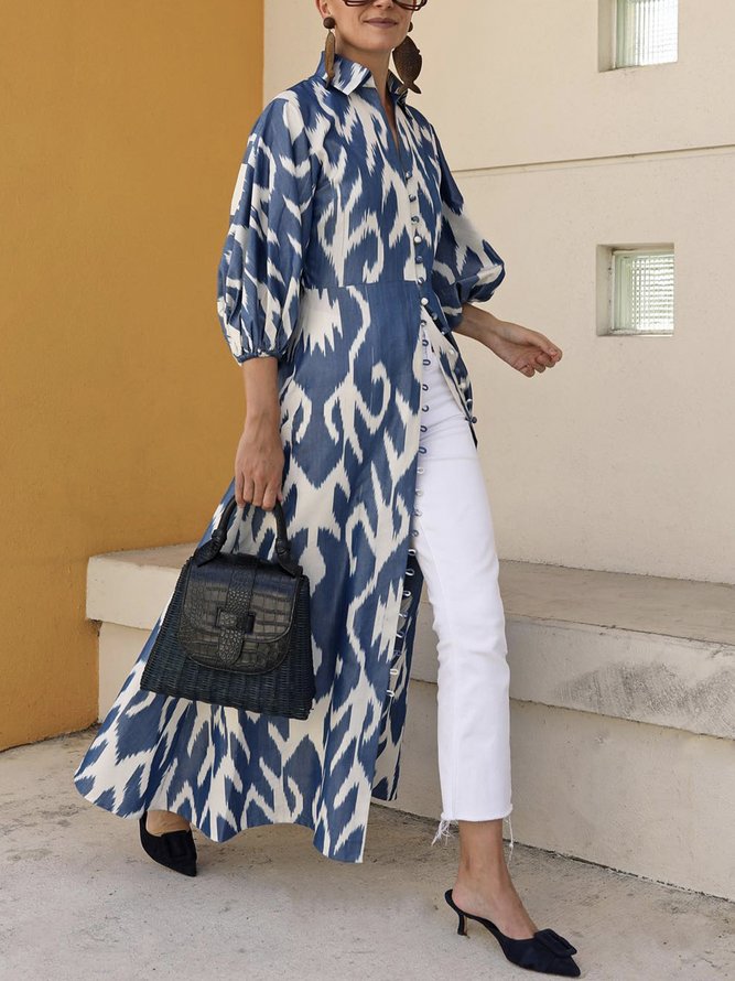 Momentlover Stylish Puff Sleeves Long Sleeves Printed Lapel Collar Shirt Maxi Dresses