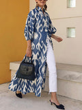 Momentlover Stylish Puff Sleeves Long Sleeves Printed Lapel Collar Shirt Maxi Dresses