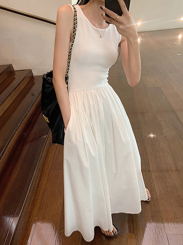 Momentlover Split-Joint Solid Color Pockets Pleated Sleeveless High Waisted Round-Neck Midi Dresses
