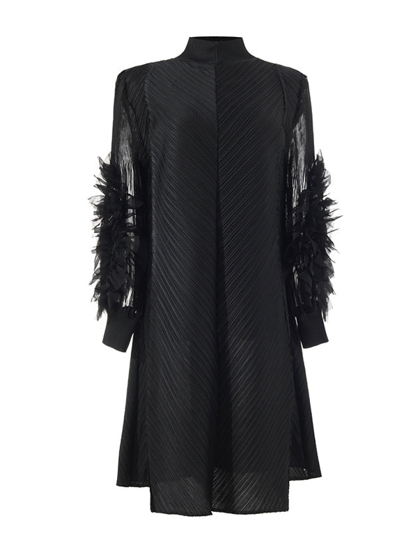 Momentlover Solid Color Pleated Embroidered Loose Long Sleeves Round-neck Midi Dresses