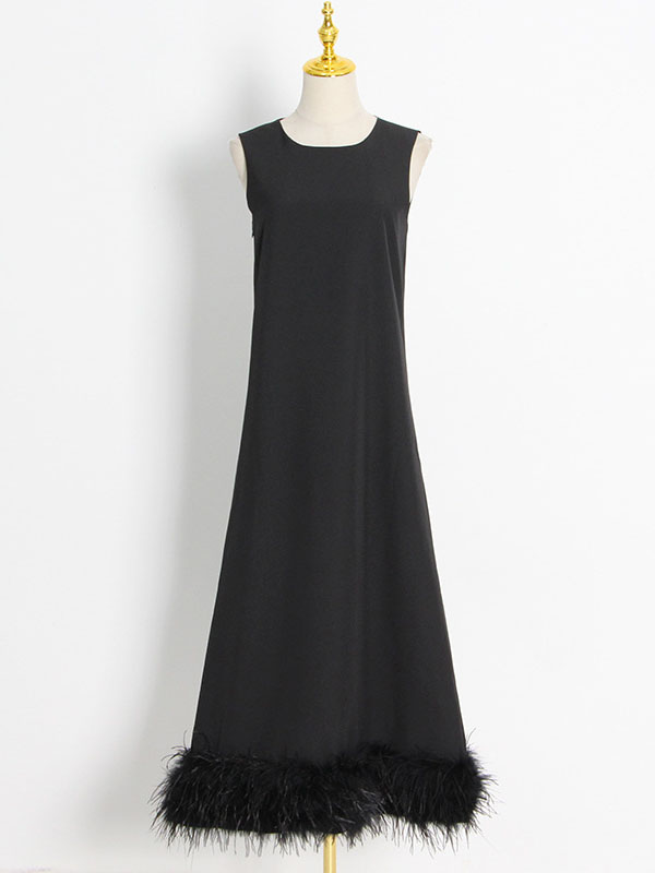 Momentlover Simple Sleeveless Loose Feathers Solid Color Midi Dresses