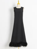 Momentlover Simple Sleeveless Loose Feathers Solid Color Midi Dresses