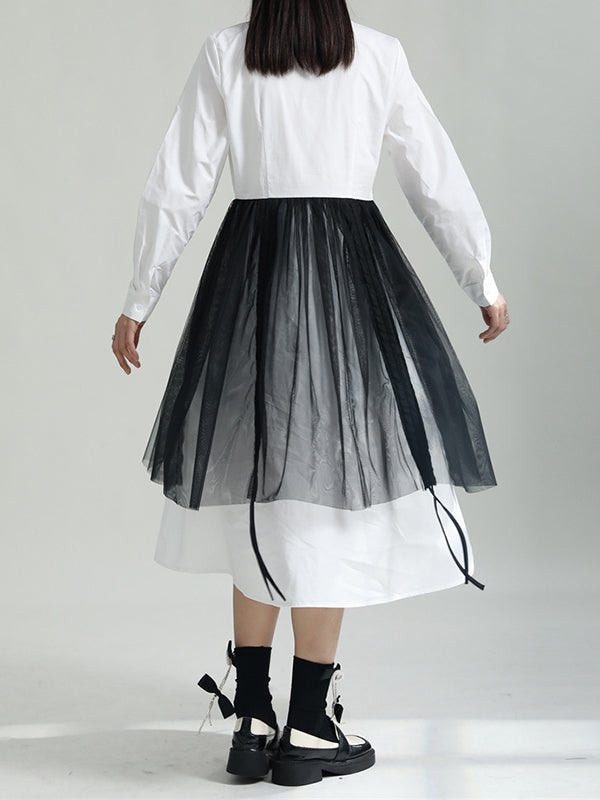 Momentlover Split-Joint Gauze Belted Long Sleeves Stand Collar Shirt Dress Midi Dresses