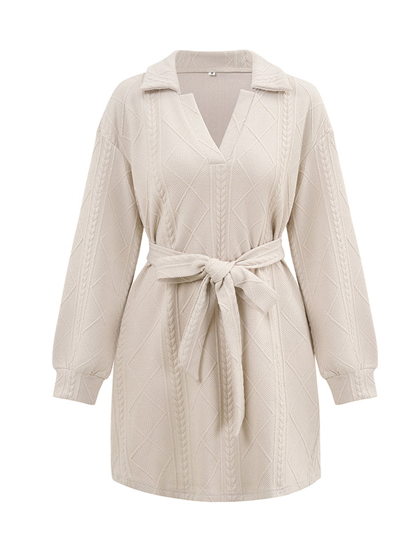 Momentlover Tied Waist Solid Color Jacquard Long Sleeves V-neck Mini Dresses