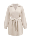 Momentlover Tied Waist Solid Color Jacquard Long Sleeves V-neck Mini Dresses