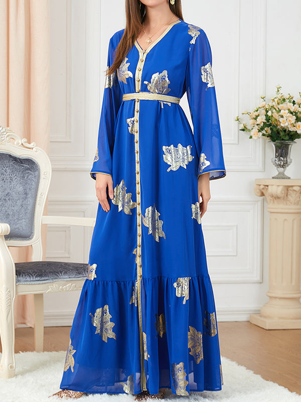 Momentlover Tied Waist Split-Joint Split-Front Printed Pleated Loose Long Sleeves V-Neck Maxi Dresses