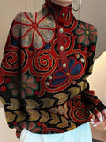 Momentlover Long Sleeves Buttoned Knitted Flower High Neck Shirts Tops