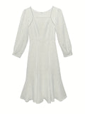 Vzyzv Squared Neck Solid Dress, Elegant Long Sleeve Mermaid Hem Evening Dress, Women's Clothing