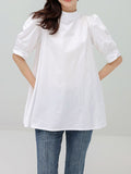 Momentlover Solid Color Pleated Bowknot Loose Half Sleeves Mock Neck Blouses&Shirts Tops