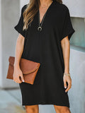 Momentlover Solid Color Short Sleeves Loose V-Neck Mini Dresses