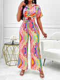 Momentlover Striped Lapel Loose Short Sleeves Buttoned Shirts Top + Elasticity Pants Bottom Two Pieces Set