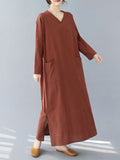 Momentlover Split-Side Solid Color Pockets Loose Long Sleeves V-Neck Maxi Dresses