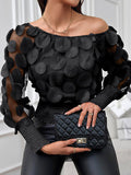 Momentlover Loose Puff Sleeves Elasticity Gauze See-Through Solid Color Split-Joint Round-neck Blouses
