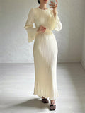 Momentlover Solid Color Pleated Loose Long Sleeves Round-Neck Maxi Dresses