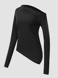 Momentlover Stylish Solid Color One-Shoulder Long Sleeves T-Shirt Top