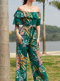 Momentlover Tied Waist Ruffled Leaves Print Elasticity Loose Half Sleeves Off-The-Shoulder Jumpsuits