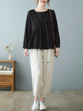 Momentlover Casual Loose Long Sleeves Solid Color Round-Neck T-Shirts Tops