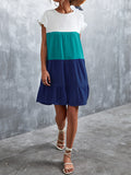 Momentlover Split-Joint Pleated Falbala Contrast Color Ruffle Sleeves Loose Round-Neck Mini Dresses