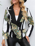 Momentlover Printed Pockets Buttoned Loose Long Sleeves Notched Collar Outerwear Blazer