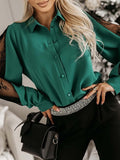Momentlover Split-Joint Mesh Buttoned Loose Long Sleeves Lapel Blouses&Shirts Tops