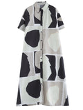 Momentlover Printed Color-Block Short Sleeves Oversize Lapel Shirt Dress Midi Dresses