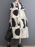 Momentlover Printed Color-Block Short Sleeves Oversize Lapel Shirt Dress Midi Dresses