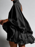 Momentlover Solid Color High-Neck Backless Flared Sleeves Mini Dress