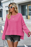 Momentlover High-Low Slit Round Neck Long Sleeve Sweater