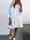 Momentlover Split-Joint Solid Color Pleated Buttoned Loose Long Sleeves Lapel Shirt Dress Mini Dresses