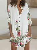 Momentlover Flower Print Buttoned Loose Long Sleeves Lapel Shirt Dress Mini Dresses