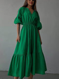 Momentlover Solid Color Pleated Elasticity Loose High Waisted V-Neck Midi Dresses