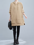 Momentlover Split-side Solid Color Pockets Drawstring Buttoned Raglan Sleeve Loose Hooded Hoodies Tops