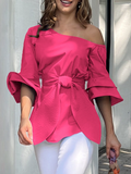 Momentlover Solid Color Knot Asymmetric Flared Sleeves One-shoulder Blouses&shirts Tops
