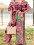 Momentlover Tied Waist Ruffled Leaves Print Elasticity Loose Half Sleeves Off-The-Shoulder Jumpsuits