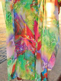 Momentlover Batwing Sleeves Loose Printed See-Through Split-Joint V-Neck Cover-Ups Maxi Dresses