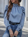 Momentlover Split-Joint Pleated Hollow Elasticity Puff Sleeves Loose Stand Collar Blouses