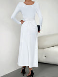 Momentlover Tied Waist Solid Color Skinny Long Sleeves U-Neck Midi Dresses