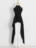 Momentlover Original Sleeveless Irregularity Solid Color High-Neck T-Shirt Top&Pleated Skirt Bottom Two Pieces Set