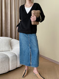 Momentlover Buttoned Asymmetric Loose Long Sleeves V-neck Sweater Tops