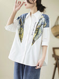 Momentlover Printed Loose Half Sleeves Lapel Blouses&shirts Tops