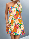 Momentlover Split-Joint Flower Print Short Sleeves Bishop Sleeve One-Shoulder Mini Dresses