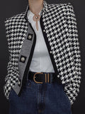 momentlover Stylish Long Sleeves Loose Houndstooth Stand Collar Jackets