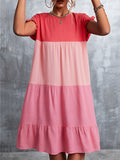 Momentlover Split-Joint Pleated Falbala Contrast Color Ruffle Sleeves Loose Round-Neck Mini Dresses